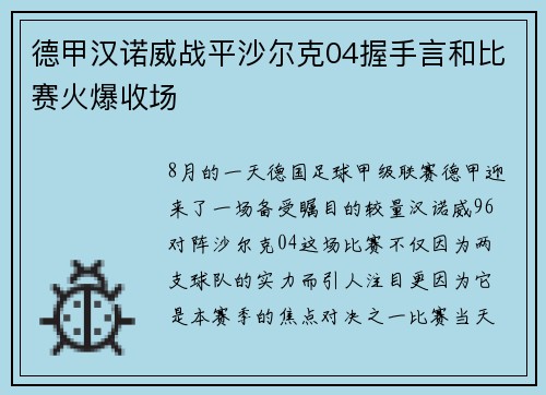德甲汉诺威战平沙尔克04握手言和比赛火爆收场